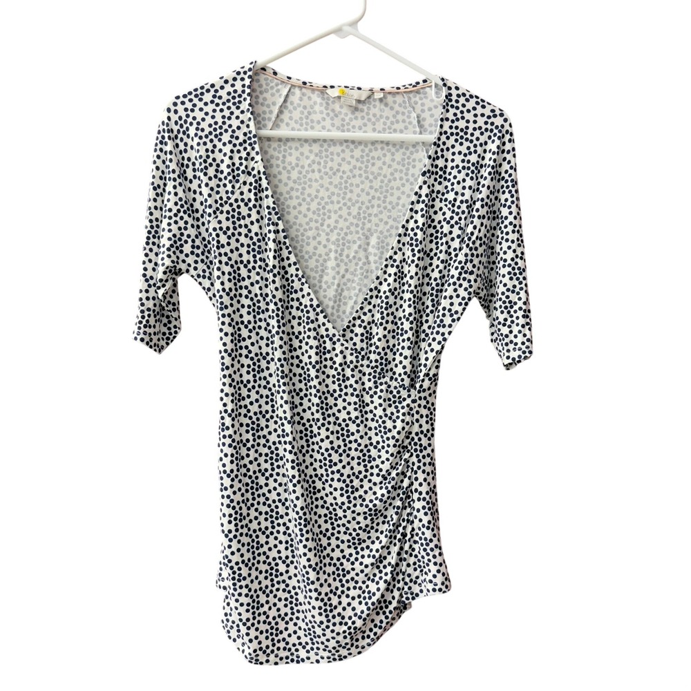 Boden Faux Wrap Top Womens Size 8 White Navy Polka Dot Ruched V-Neck Short Slv